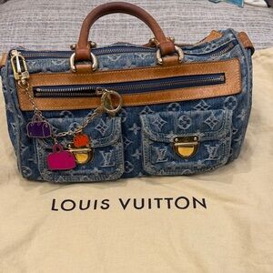 Louis Vuitton Denim Neo Speedy With LV  Gold Bag Charm Authentic